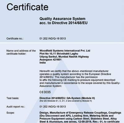 Woodfield Systems – PED Certificates